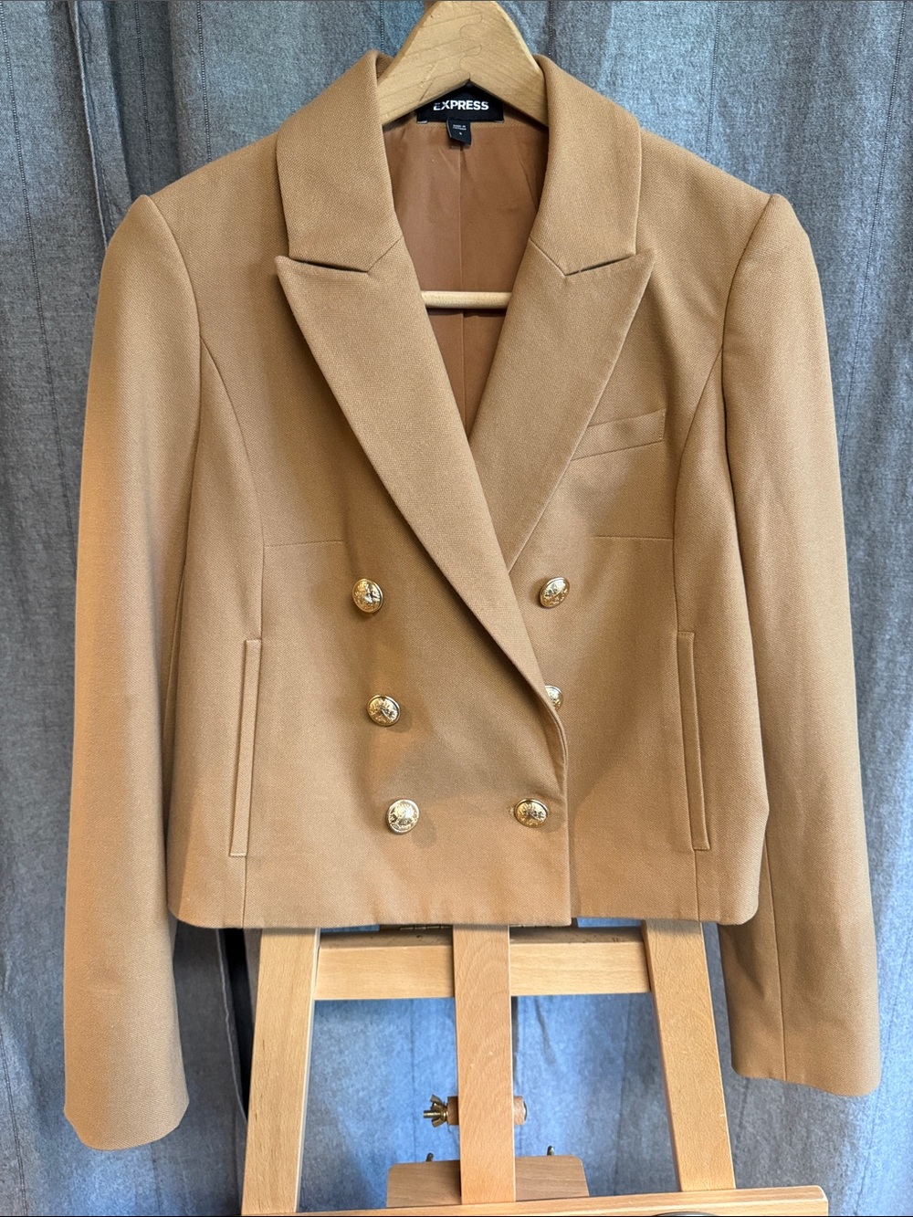 Express Women's Camel Double-Breasted Blazer with Gold Buttons